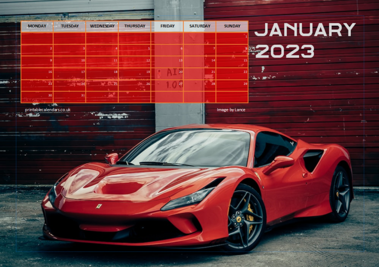 Fast Cars Calendar January 2023 Free to Print Printable Calendars