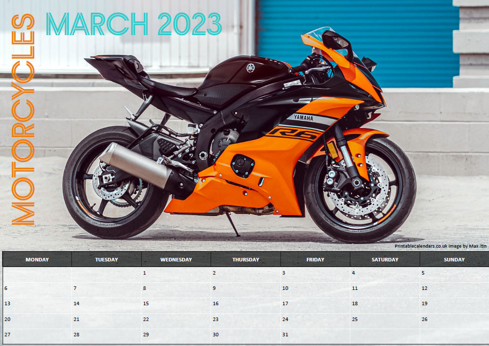 Motorcycles Calendar March 2023 Free to Print Printable Calendars