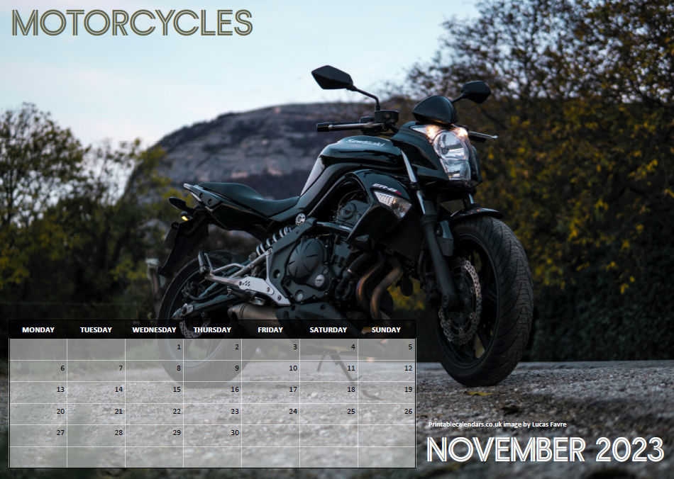 Motorcycles Calendar - November 2023 - Free to Print