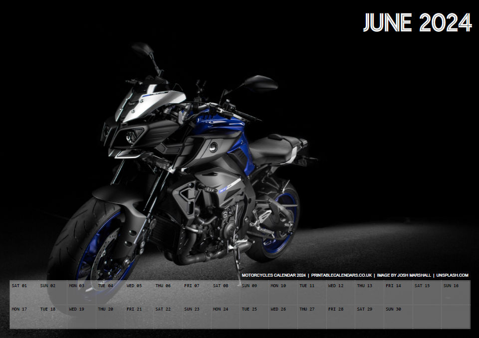 Motorcycles Calendar - June 2024 - Free to Print